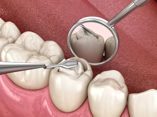 3D illustration of a dental filling being placed in a molar