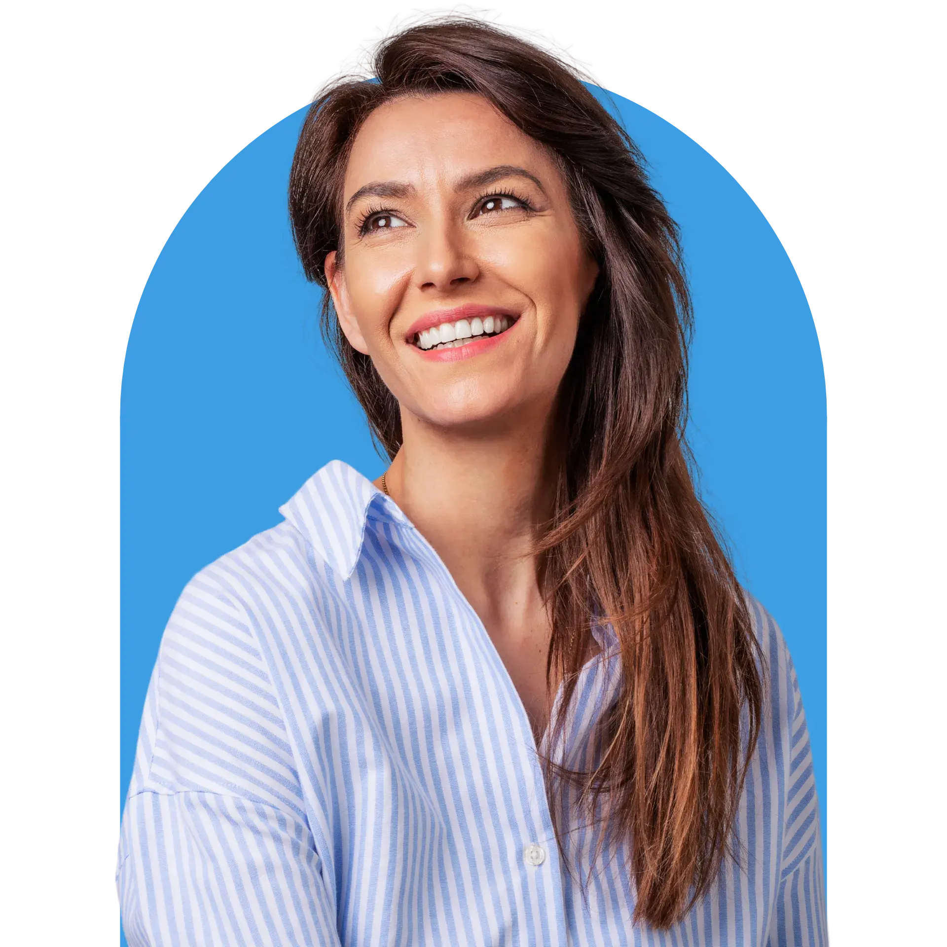 Professional woman in light blue striped shirt smiling against blue background for dental practice.