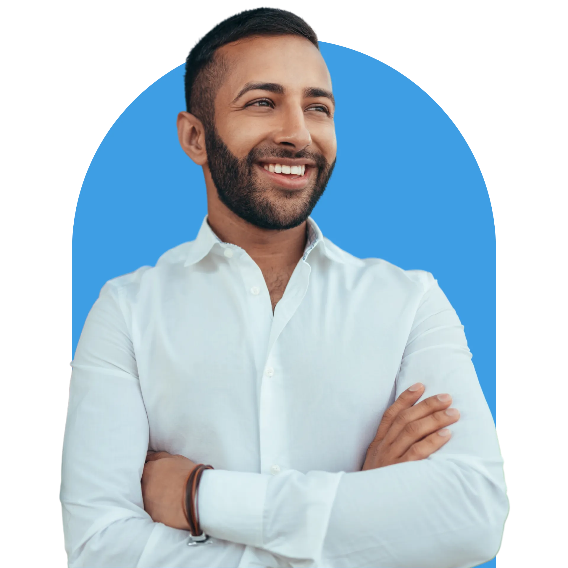 A patient smiling in a headshot for general dentistry