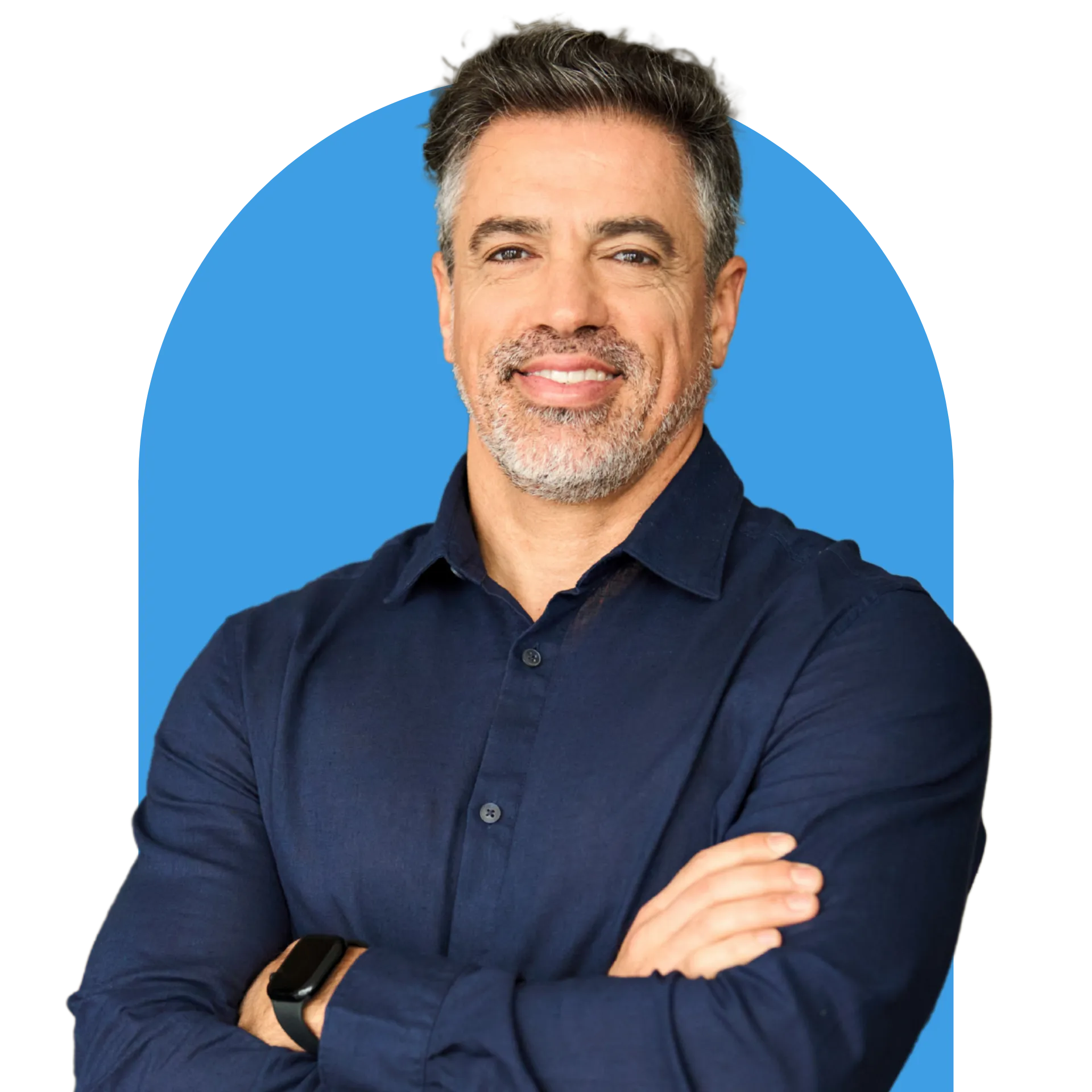 Smiling man in a circular graphic representing restorative dentistry services
