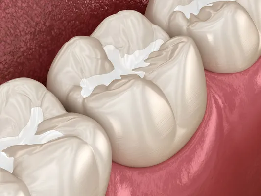 Illustrated cross section of a tooth showing dental sealant application