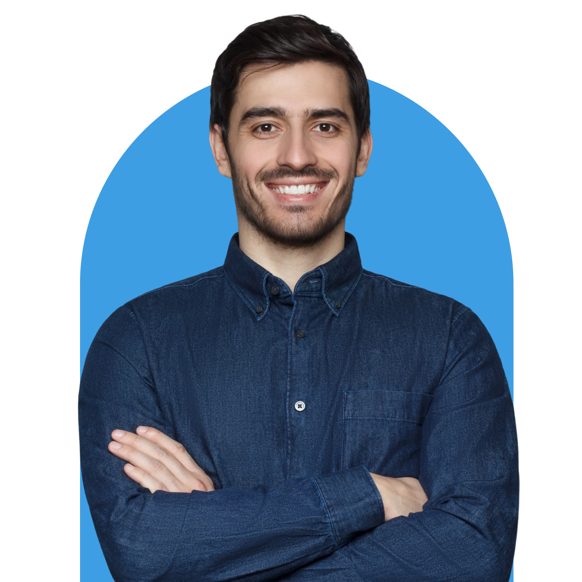 A young man smiling in a circular profile photo for the resources page